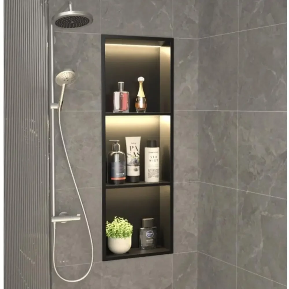 36x12 Black LED Shower Niche Stainless Steel 3 Shelf Recessed